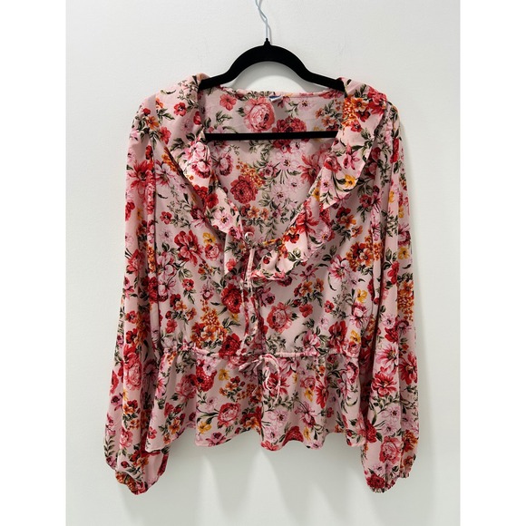 Old Navy Tops - Old Navy Pink Floral Ruffle V-Neck Peplum Tie Front Blouse Long Sleeve Tall L